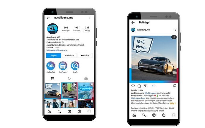 Zwei Smartphones, links der Intagramkanal von Ausbildung M+E, rechts ein Post des Kanals auf Instagram.